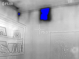 Thermal image of missing insulation on media room wall.