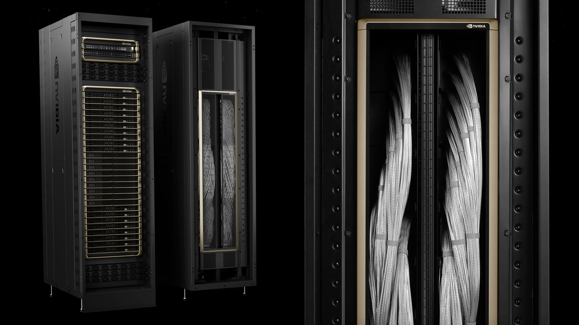 The NVIDIA GB200 NVL72 — 72 Blackwell GPUs, 18 compute trays, 9 switch trays, direct liquid cooling throughout. Over a megawatt at peak load. Image: NVIDIA