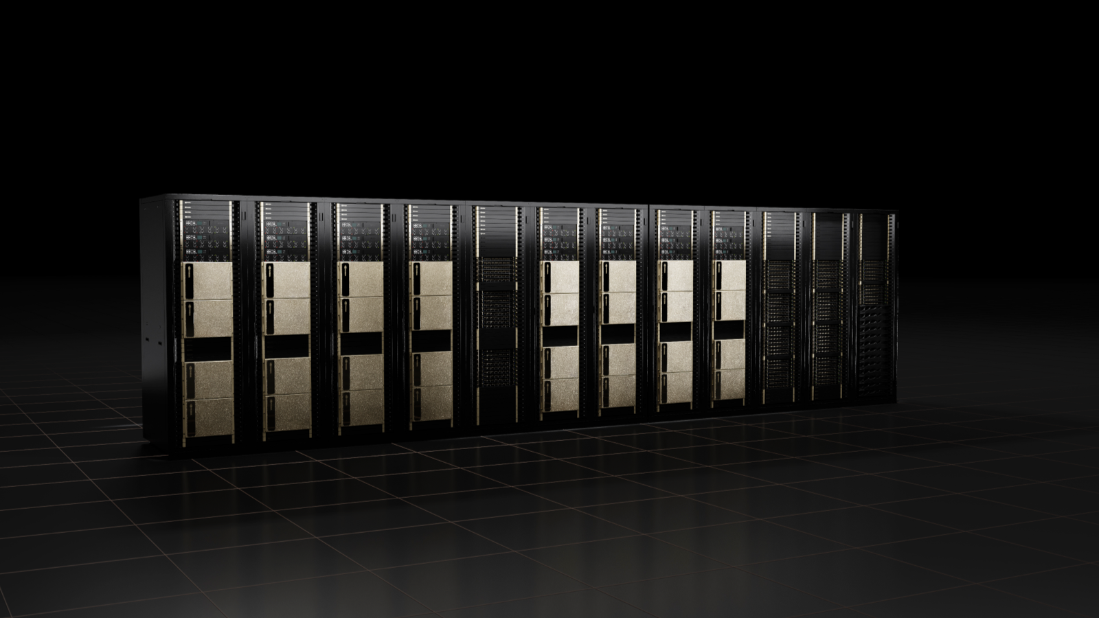 NVIDIA DGX SuperPOD — a cluster of DGX H100 racks. Each populated rack runs 40 to 50 kW; a full SuperPOD row approaches 100 kW per rack footprint. Image: NVIDIA
