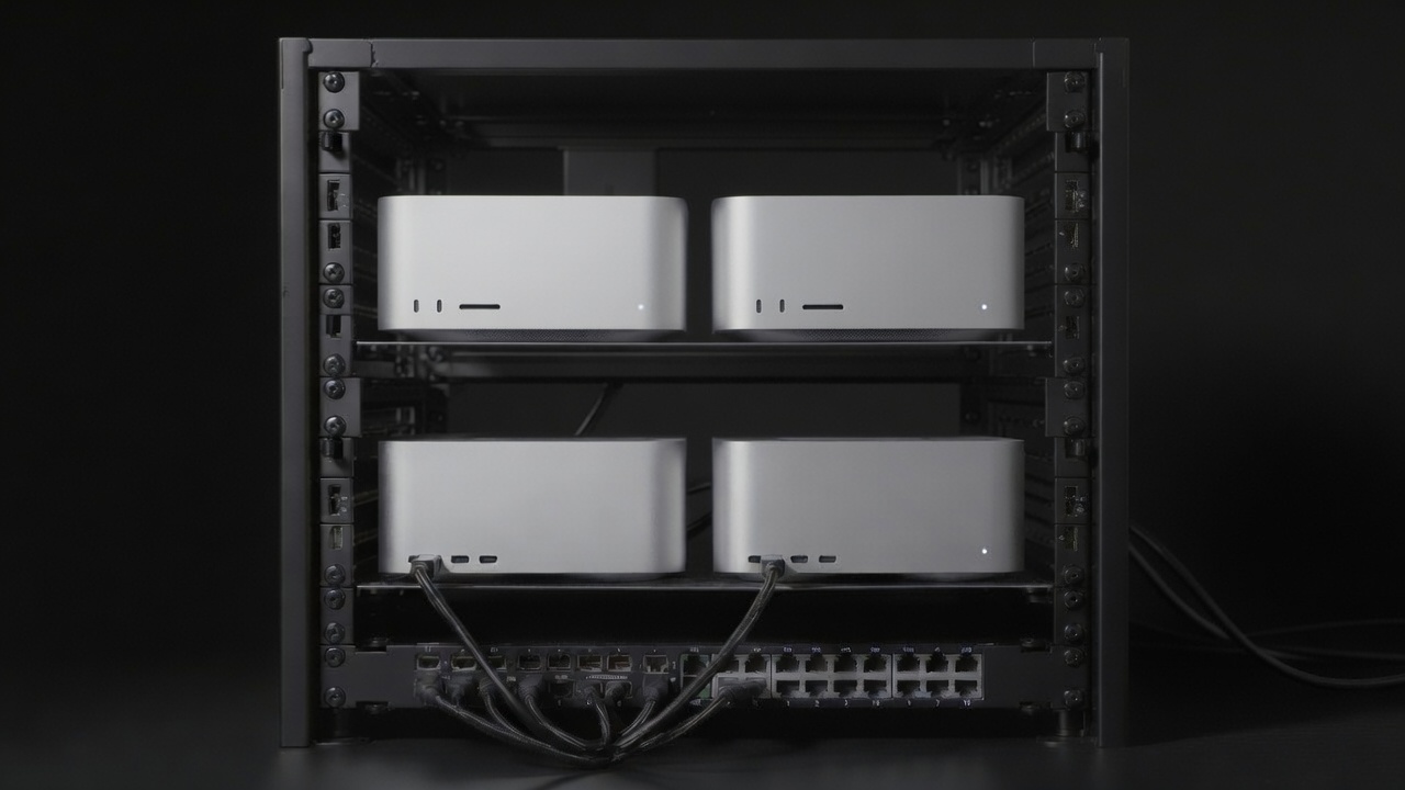 A small Mac Studio cluster — the kind of thing that fits on a shelf and serves a 5 to 15 person team.