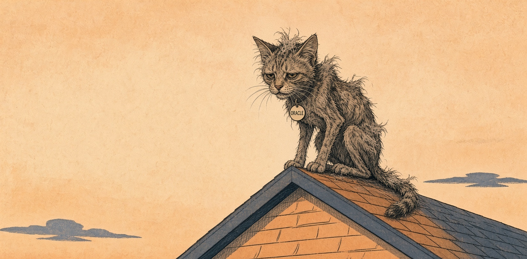 A scraggly cat wearing an Oracle name tag perched on a roof ridge